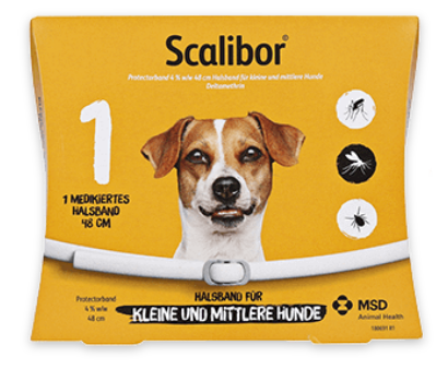 Das Scalibor 48cm Zeckenhalsband für kleine und mittlere Hunde.